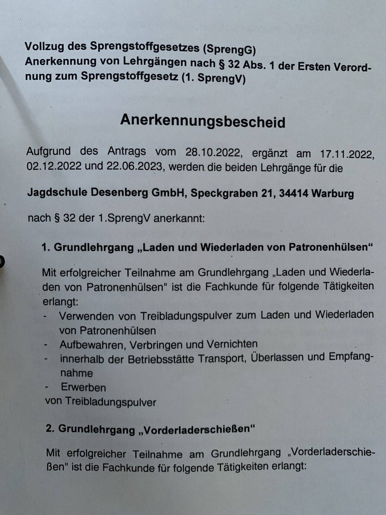 Anerkennungsbescheid für Lehrgang Wiederladen ist da! Jagdschule