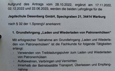 Anerkennungsbescheid für Lehrgang Wiederladen ist da!